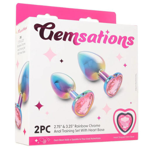 Set d’entraînement anal Gemsations Heart Gem, 2 plugs en aluminium body-safe, gemmes scintillantes en forme de cœur, petit et grand, bleu violet jaune